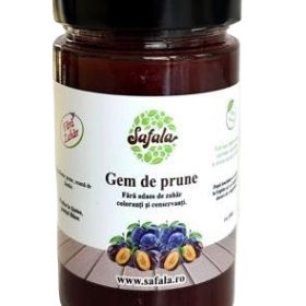 Borcan de gem de prune "Safala" 100% natural, fără zahăr adăugat, pe fundal alb, cu etichetă clară și design eco-friendly